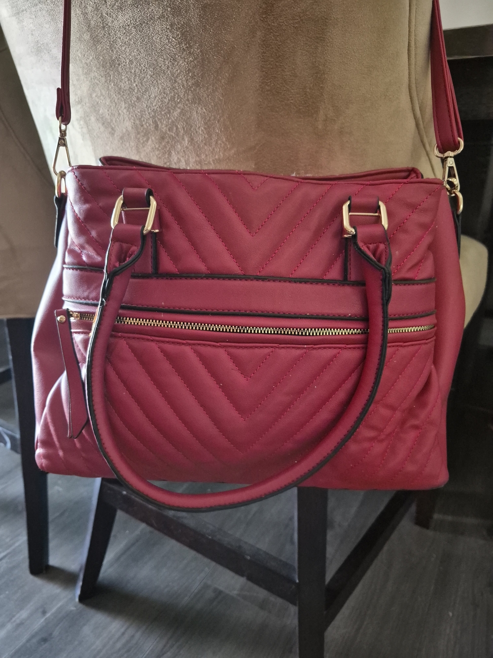 Quilted Red Crossbody Tote Bag with Gold Hardware